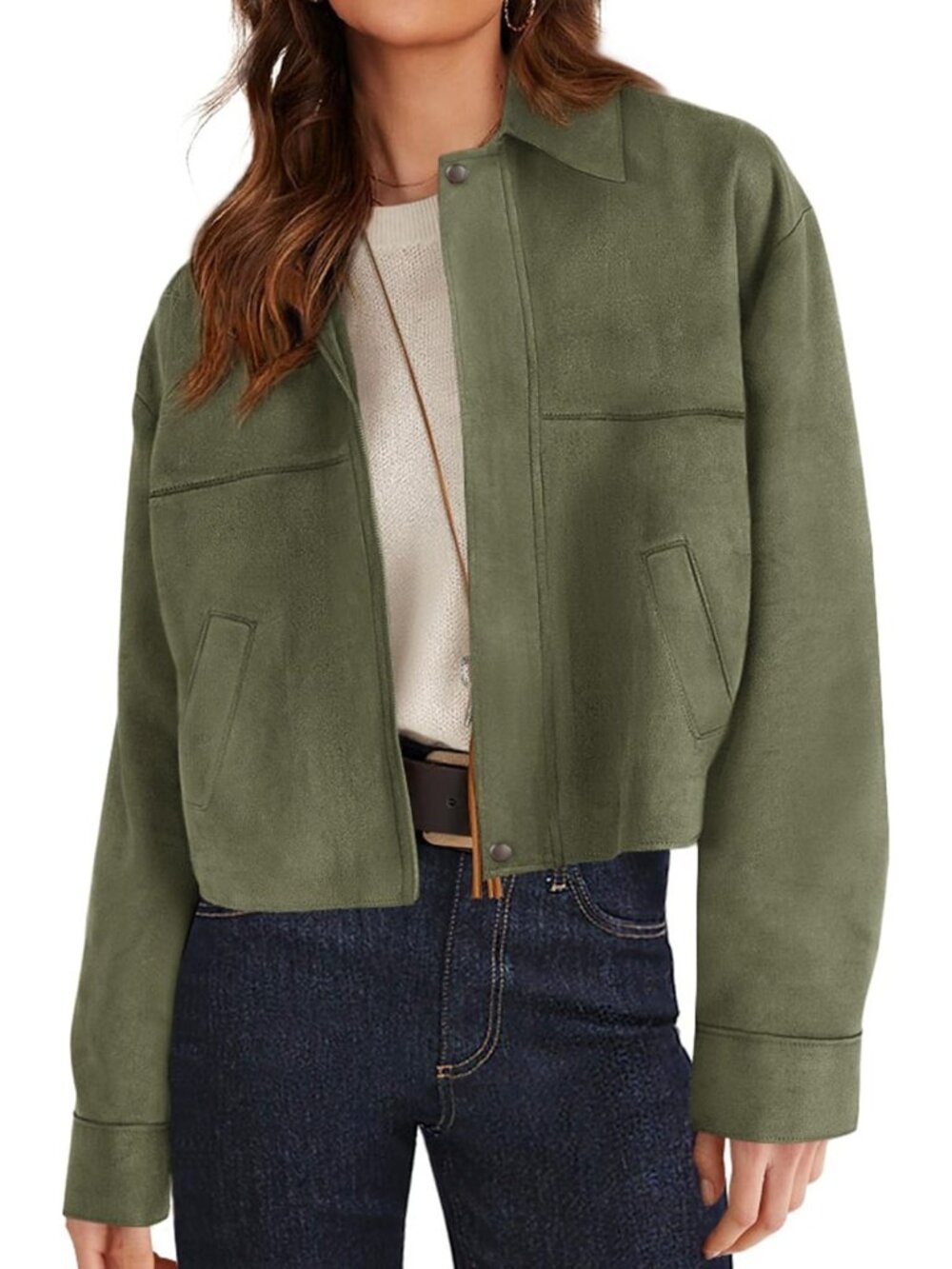 Women's Army Green Faux Suede Cropped 2 Pockets Fall Jacket Oversized Shacket